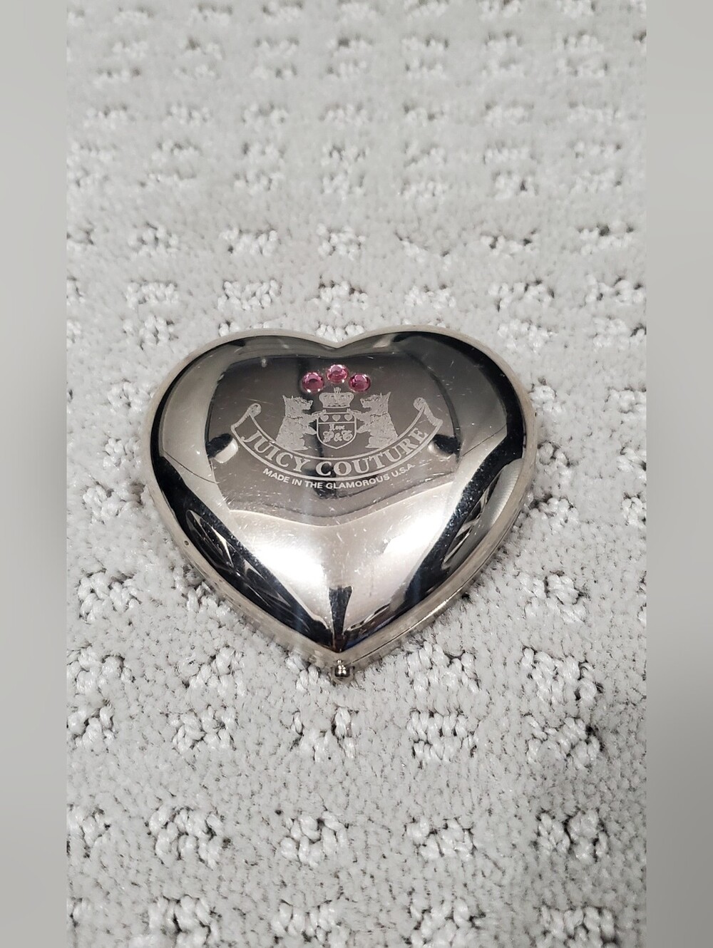 Vintage Juicy Couture Silver Heart Mirror  Compact with Pink Crystals